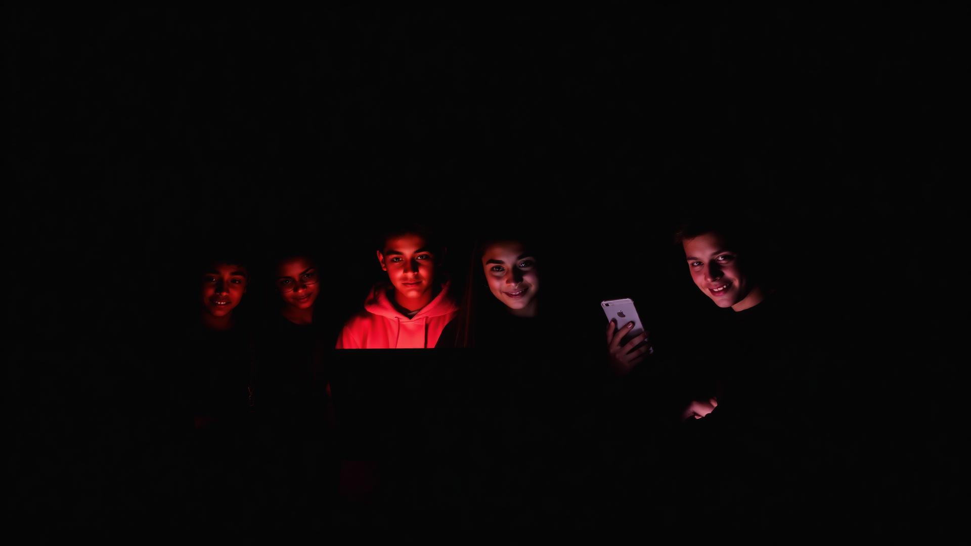 Estudiantes usando dispositivos en la oscuridad